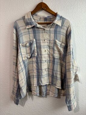 NWT Lucky Brand Flannel Cream Blue Pink Plaid Button Down XL